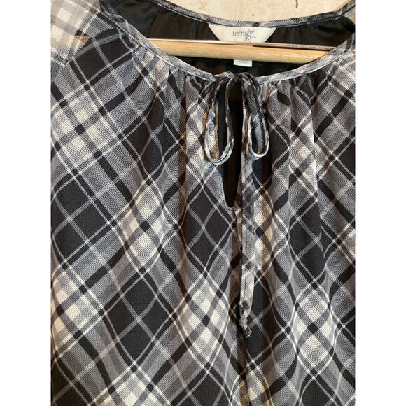 Terra & Sky Babydoll Top Womens 1X Gray Plaid Mesh Balloon Sleeve Ruffle Boho - Picture 3 of 12